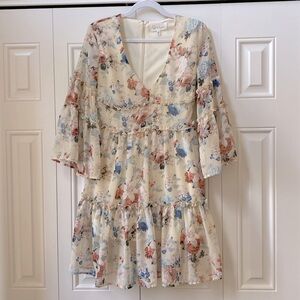 Cream Floral print belle sleeved dress